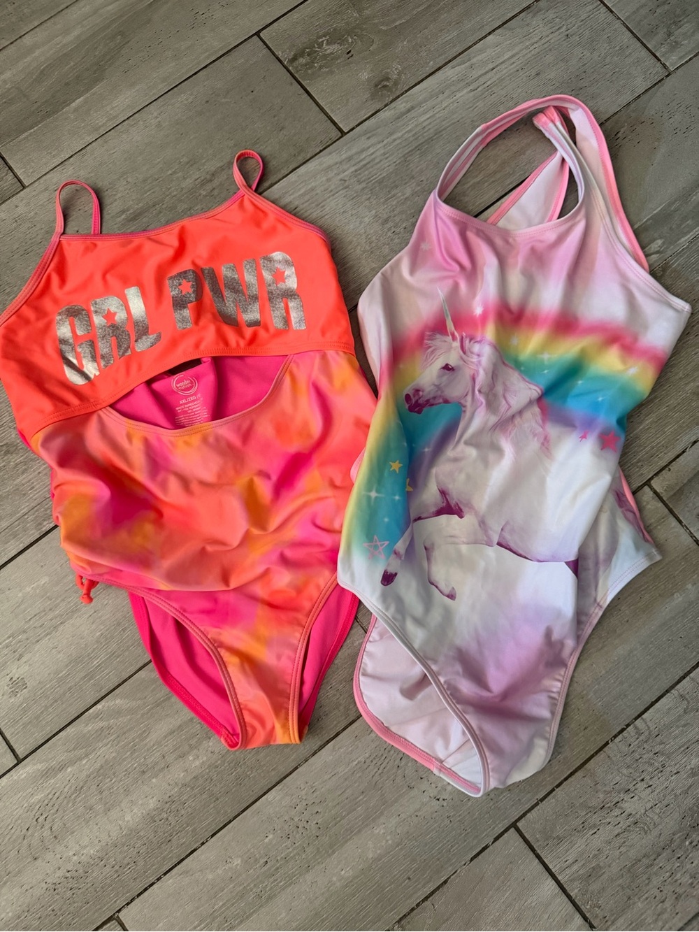 wonder nation Neon Coral/Pink 'GRL PWR' & Pastel Unicorn One-Piece Swim Set